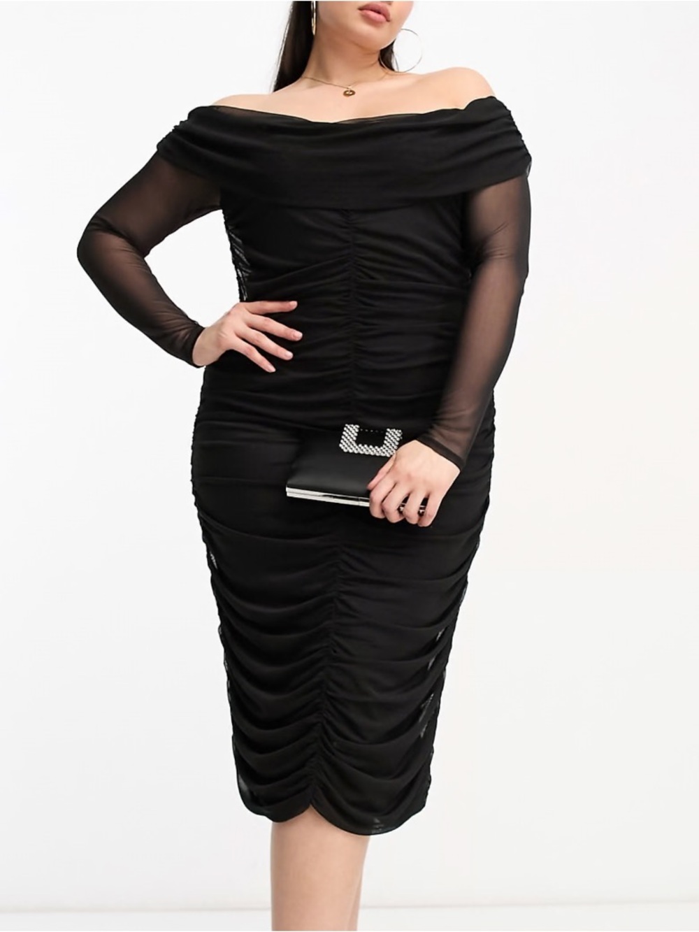 ASOS Design Curve Black Ruched Mesh Bardot Long Sleeve Midi Dress